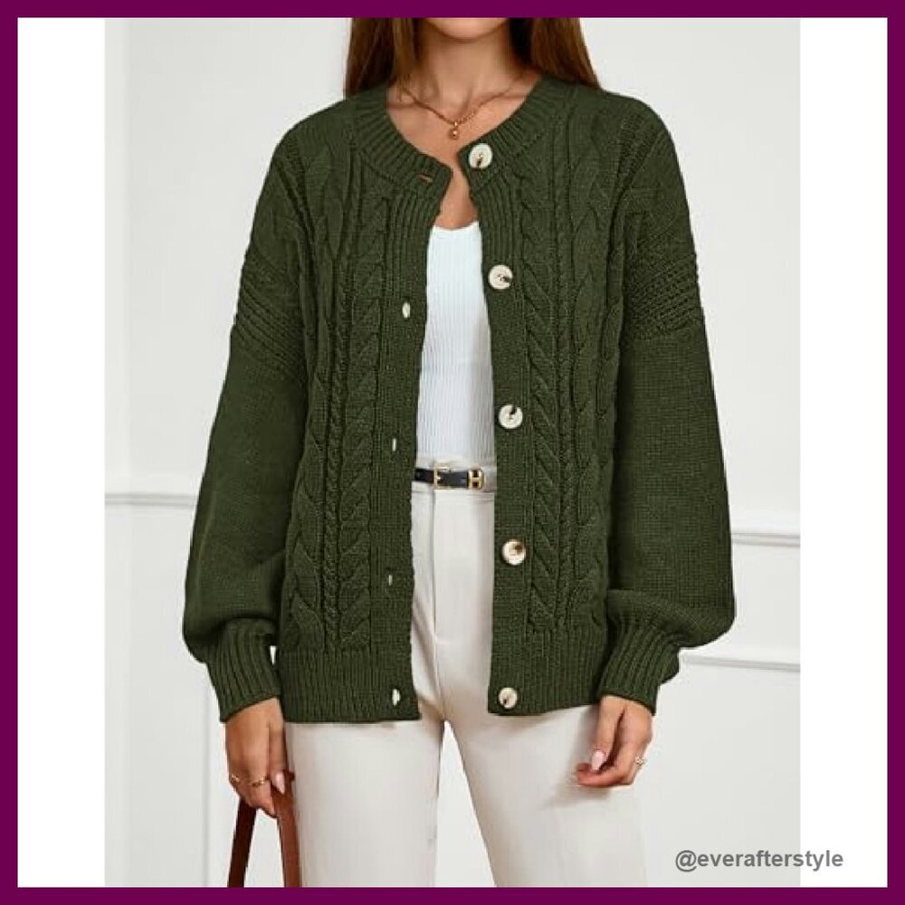 Chunky Cable Knit Cardigan Oversized Loose Fit Button Front Winter Cozy - Picture 3 of 8
